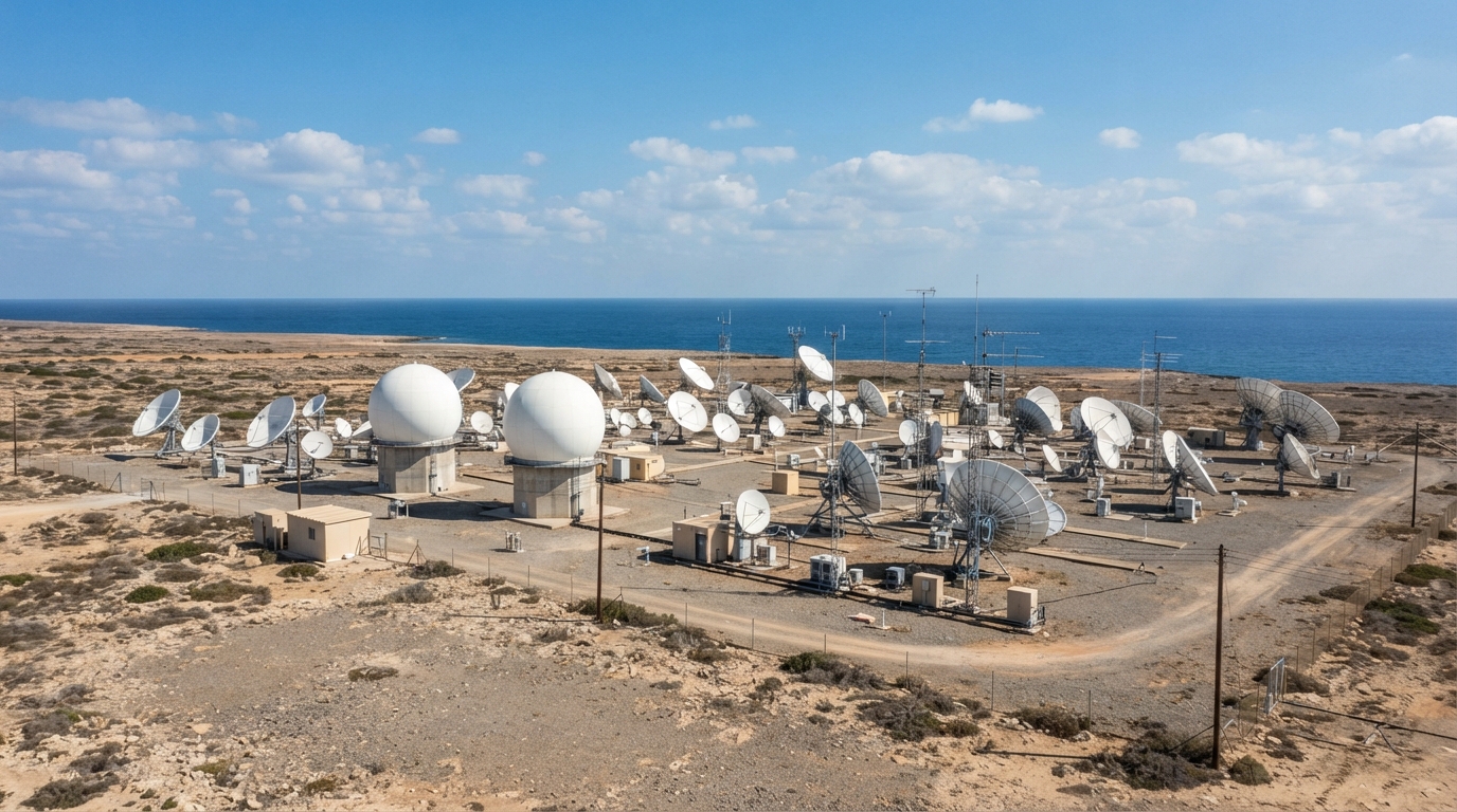 A low coastal compound centered on a control building surrounded by tall lattice antennas, satellite dishes and two large white domed radomes on an arid plain near the sea.