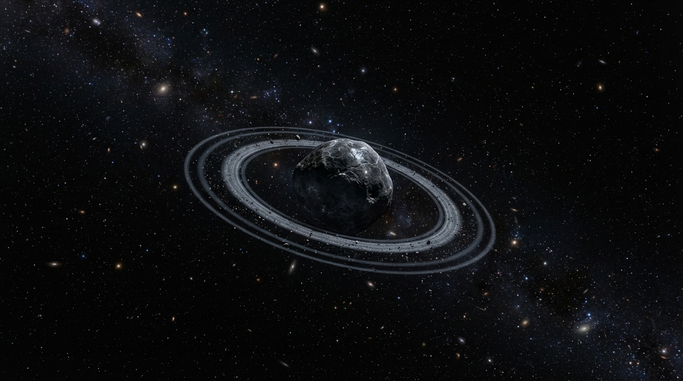 A small dark icy body about 250 kilometres across encircled by two thin, close-spaced rings in black space.