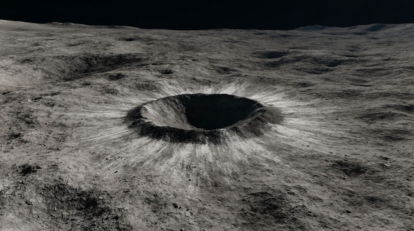 A fresh bowl-shaped crater about two hundred metres across with a bright ejecta blanket and dark halo on the grey, dusty lunar surface.