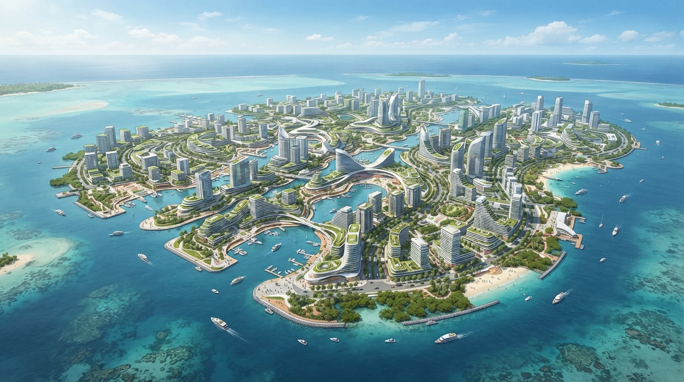 An architect's impression of a vast artificial island city built on reclaimed land in a tropical lagoon, with dense housing blocks and new shoreline.