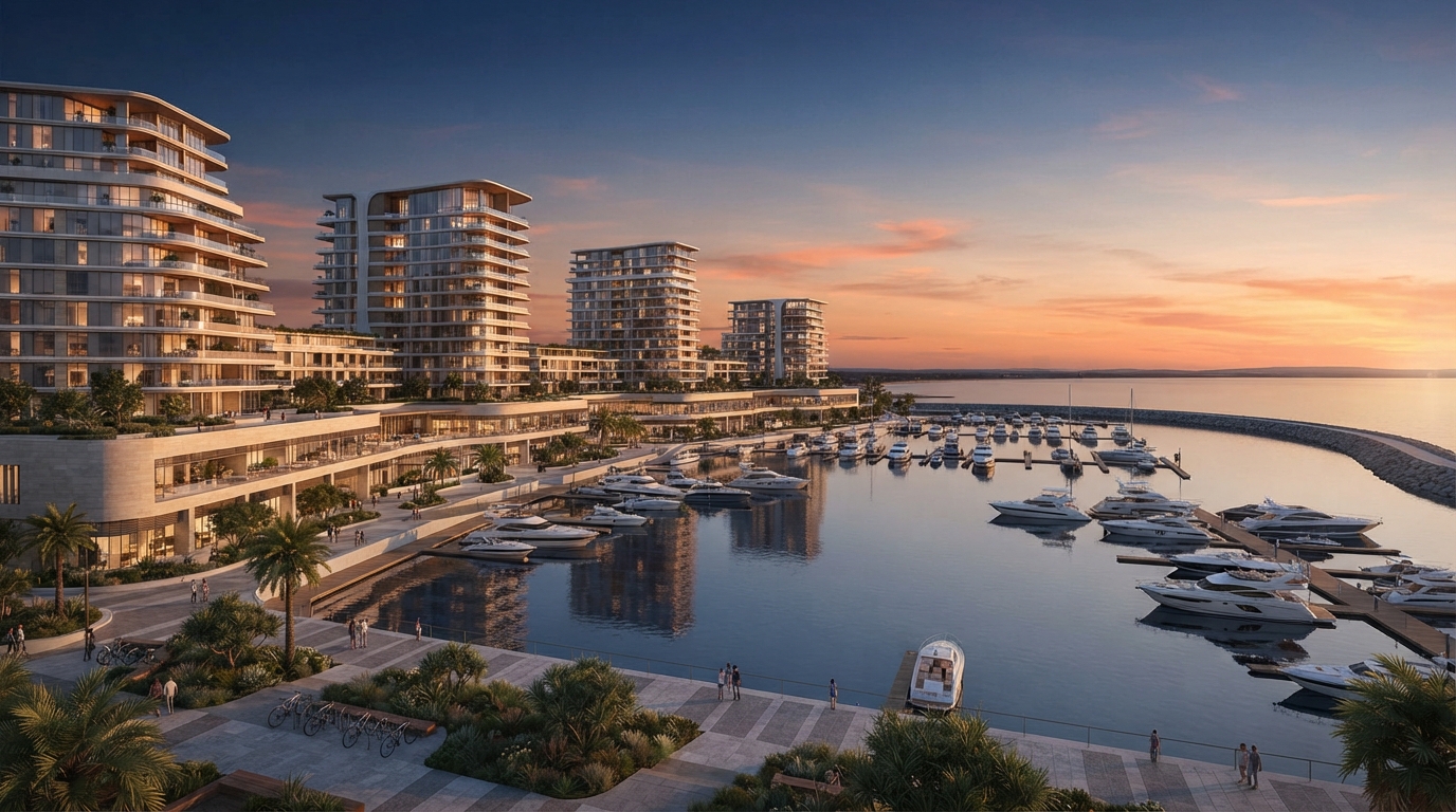 An architect's impression of a modern marina waterfront with mid-rise branded residences, promenades and yachts moored along the new shoreline.