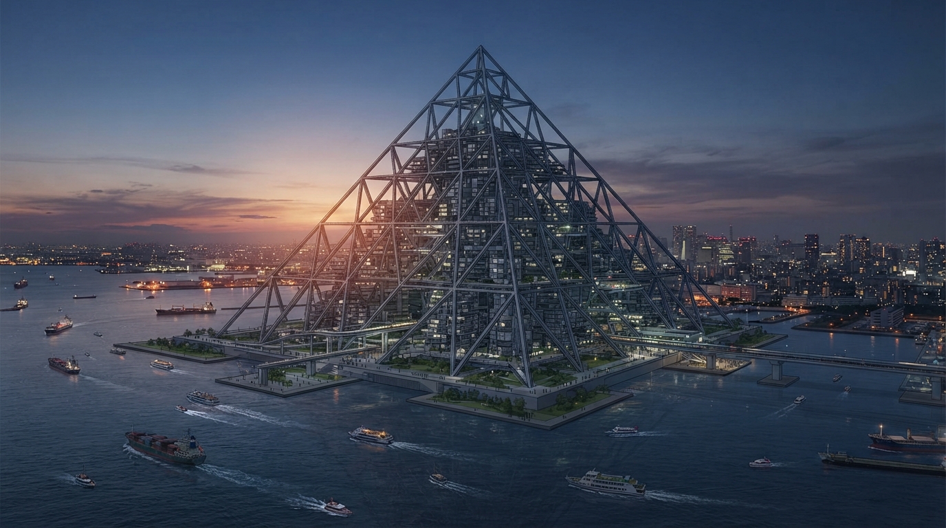 An architect's impression of a colossal open-lattice pyramid rising from the sea, with stacked city blocks visible inside the truss structure.