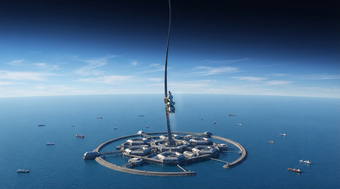 An architect's impression of an ultra-thin ribbon stretching vertically from a floating ocean platform through clouds into orbit, with a small climber on the line.