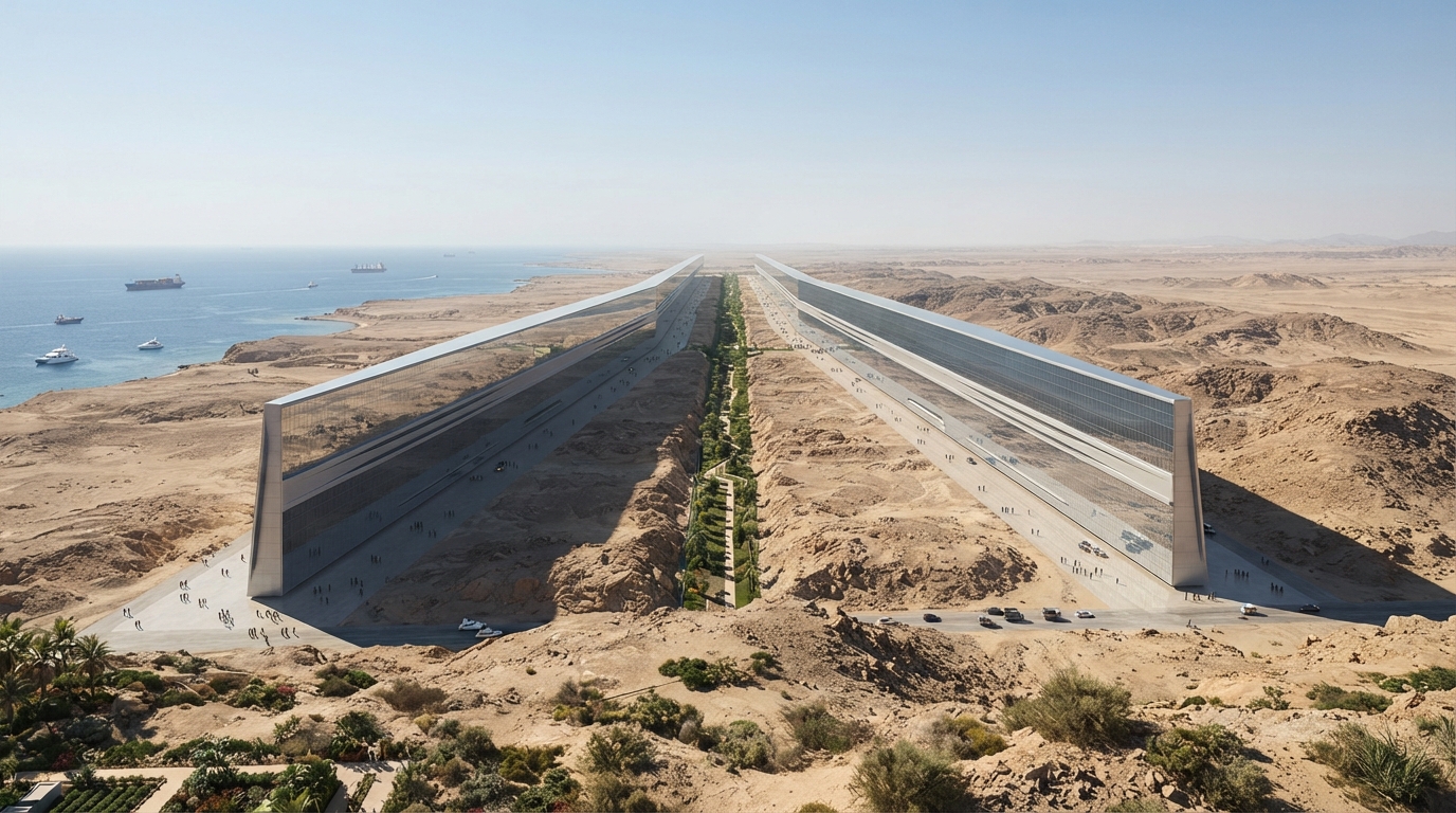 An architect's impression of two parallel mirrored walls 500m high forming a narrow linear city stretching across desert toward the sea.